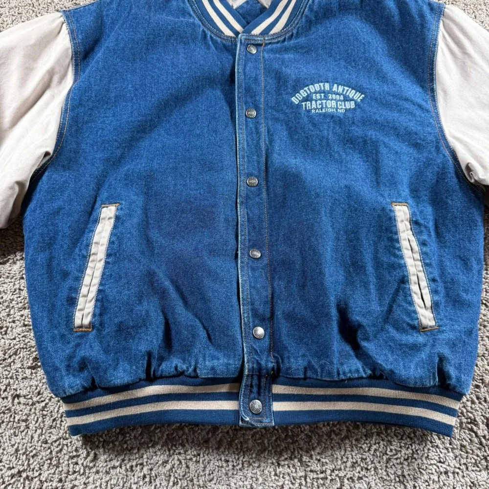 Tri-Mountain Denim Varsity Jacket mens Large Blue Dogtooth‎ Antique Tractor Club
